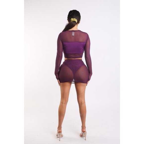 Mesh Contrast Skirt Set Long Sleeve Mock Neck Two Piece Mini Sexy outfit set - Picture 4 of 6